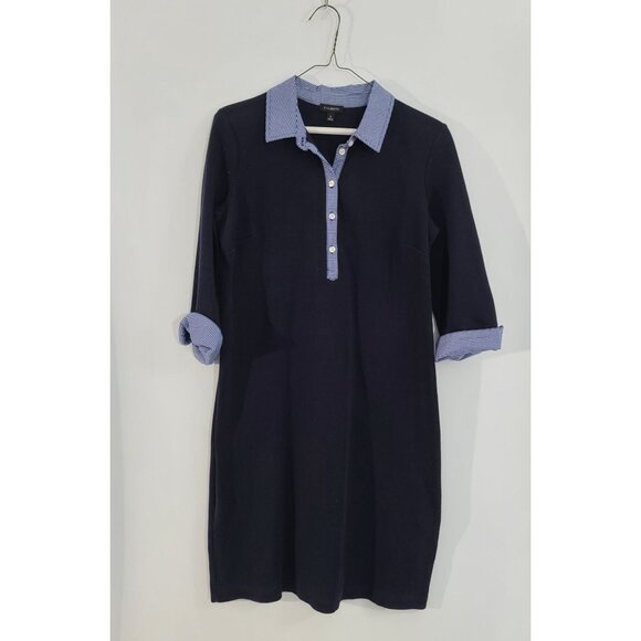 Talbots Cotton Polo Pique Popover Shirt Dress Gingham Collar Cuff‎ Navy Small - Picture 1 of 9